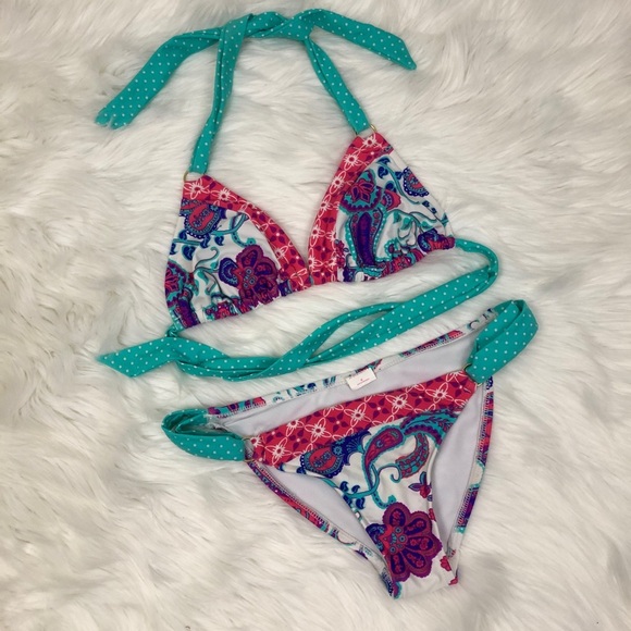 Bikini Polka Dot Peach & Teal Swimsuit - Picture 1 of 5